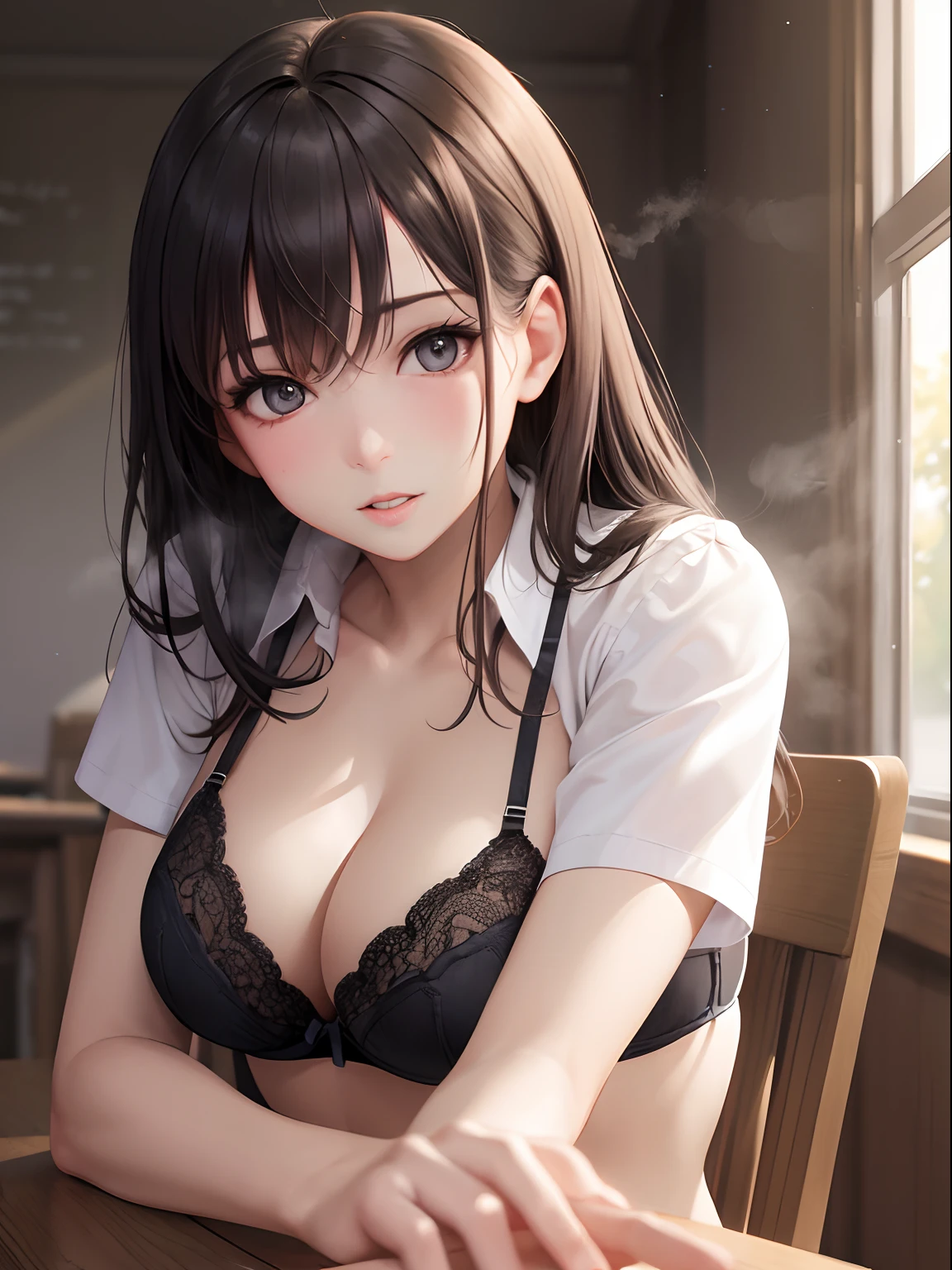 mature school girl, natural light, embarrassed look, lifelike, sitted on table, dynamic shadows, steam, tight, sharp focus , highdef, bra