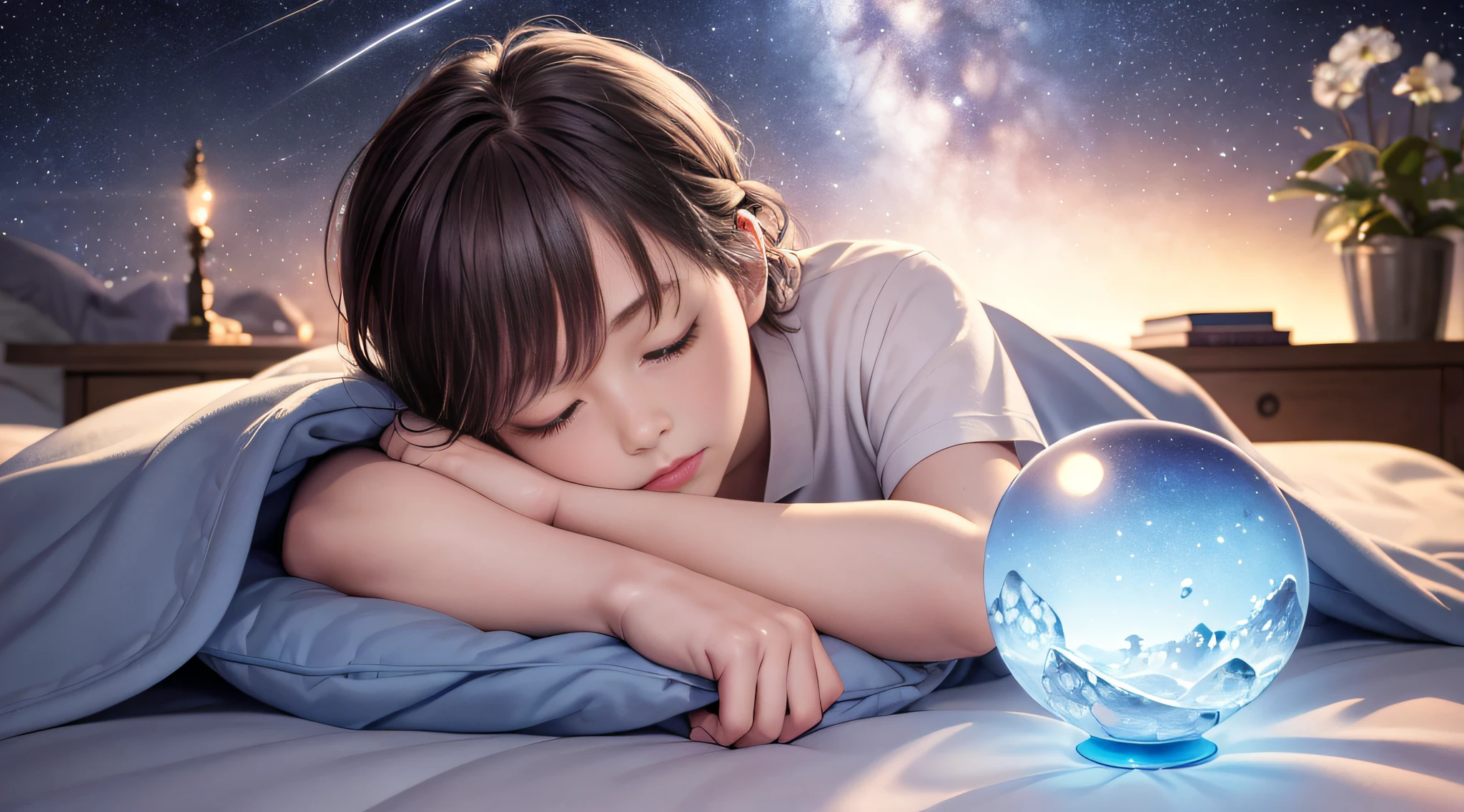 (best quality, highres),(realistic:1.37),lighting,beautiful detailed eyes,beautiful detailed lips,peaceful sleeping,soft pillow,dark room,cosy blanket,relaxing atmosphere,quiet environment,dreamy atmosphere,deep sleep,serene expression,comfortable bed,darkness,happiness,healthy sleep,peaceful dreams.