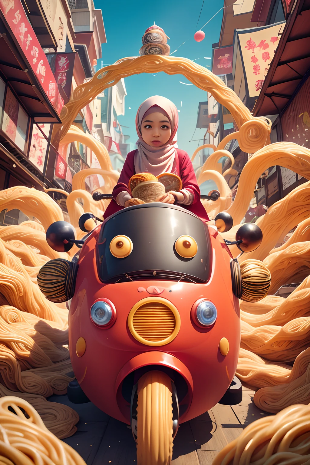 Create a whimsical advertisement where a Malay girl in hijab takes viewers on a magical ramen ride, traveling through a whimsical ramen wonderland filled with oversized ramen ingredients and whimsical creatures