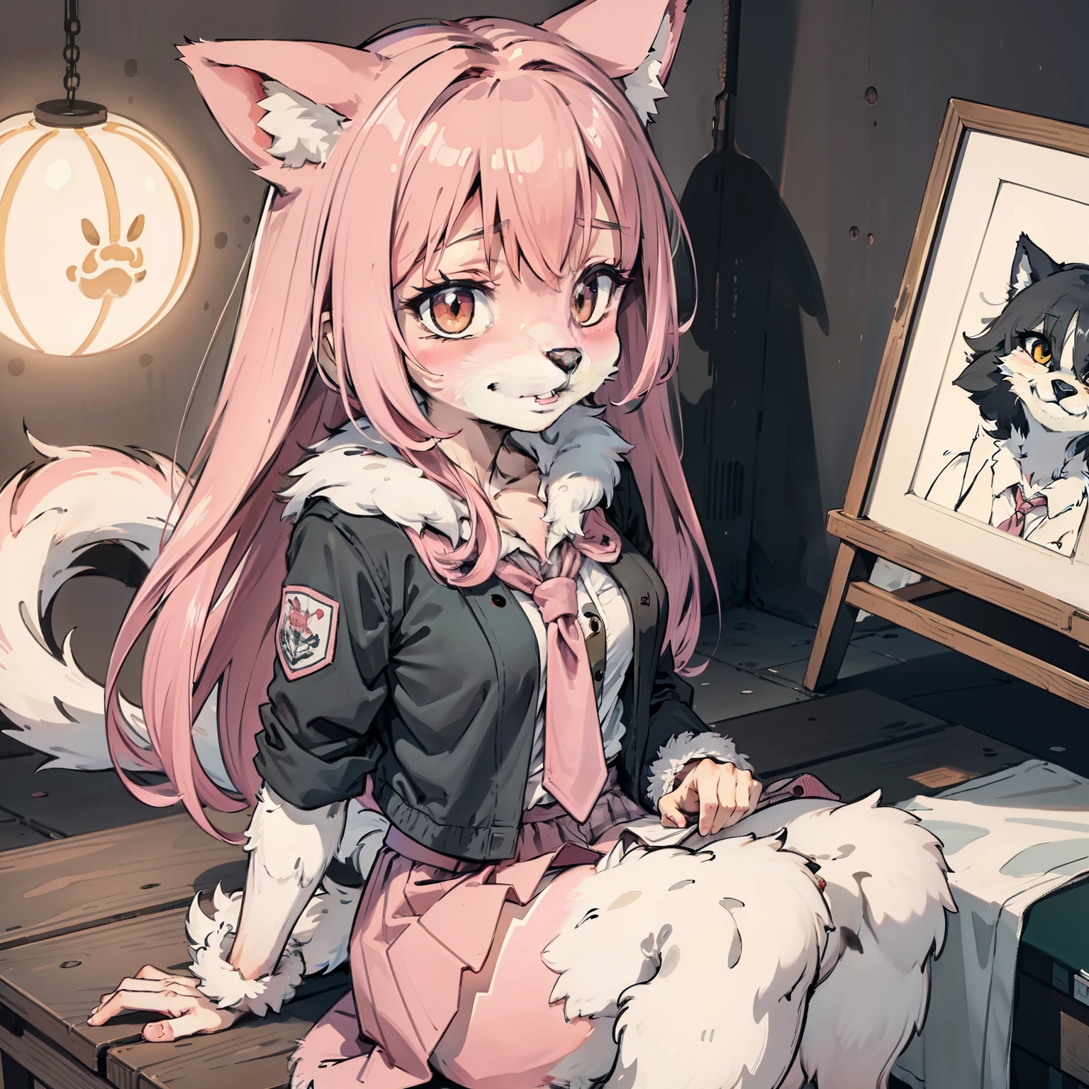1girll, Pink fur, Wolf Girl, Medium breasts, school uniform, Portrait, Simple background, (Furry:1.5)