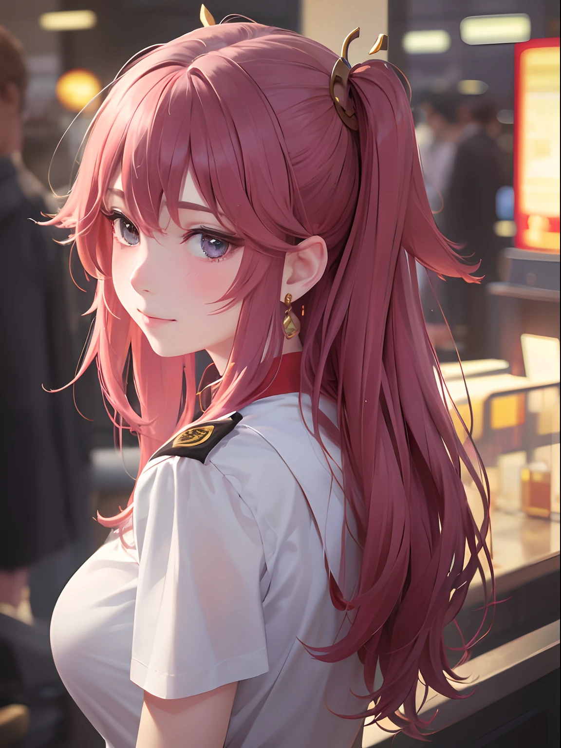 Yae Miko, 1girl, (bottom view), slight smile, air stewardess, hands up, perfect posterior, pulling posterior apart, photorealistic, lifelike, blush, highdef, depth of field, (add details:1.5), (fine details:1.5)