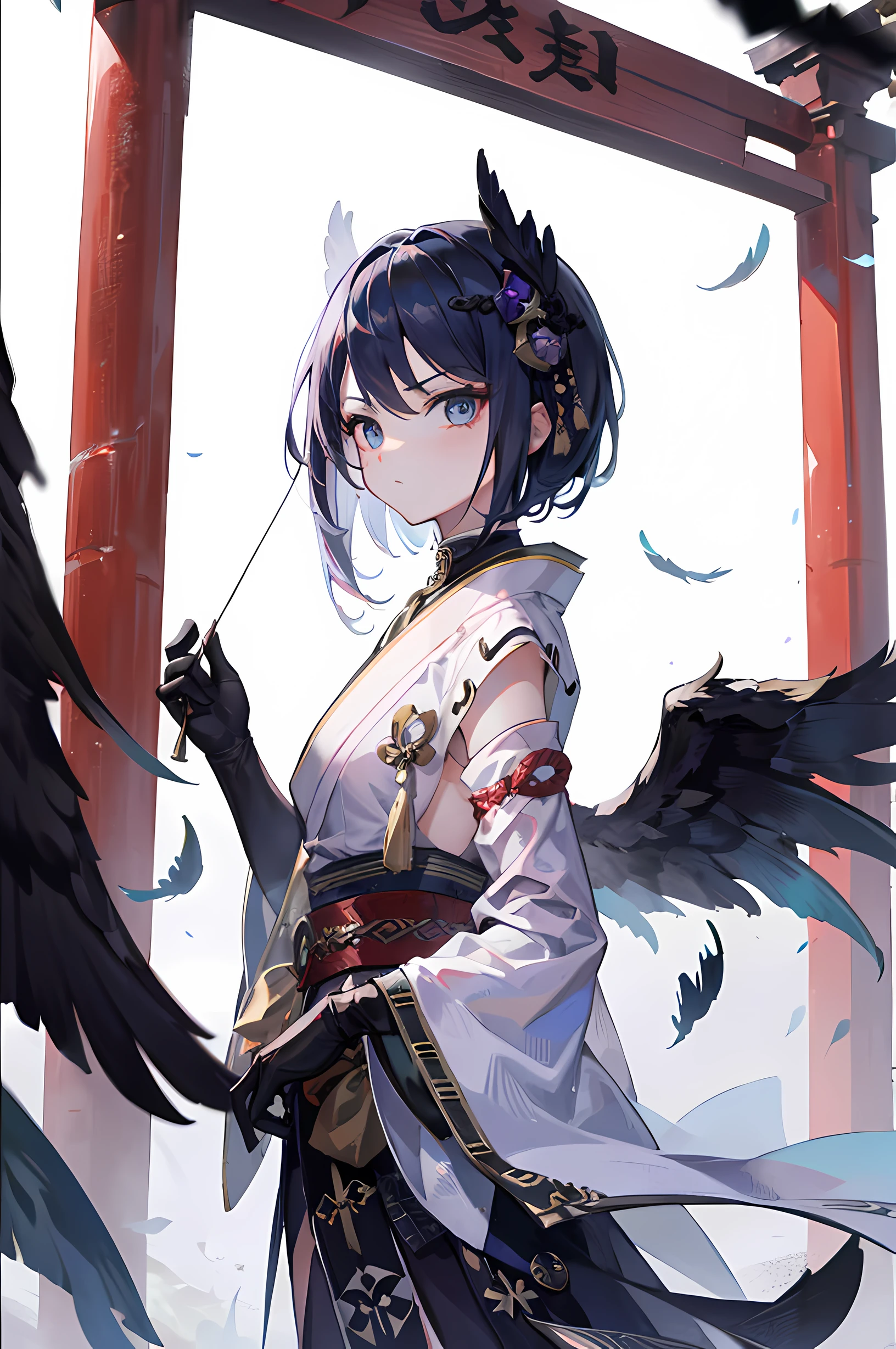 girl, black four wings, perfect eyes, furious face, torii gate, simple background, outdoor, japanese exterior, 8k, ray tracing, masterpiece, better quality, perfect eyes, looking at viewer, holding a bow