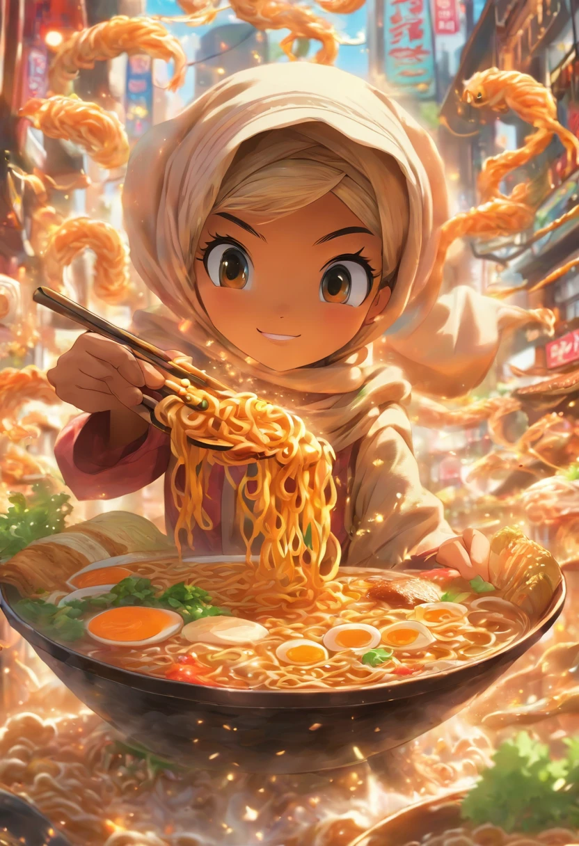 Create a whimsical advertisement where a Malay girl in hijab takes viewers on a magical ramen ride, traveling through a whimsical ramen wonderland filled with oversized ramen ingredients and whimsical creatures