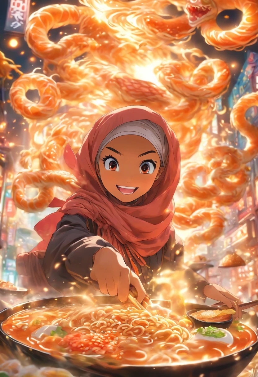 Create a whimsical advertisement where a Malay girl in hijab takes viewers on a magical ramen ride, traveling through a whimsical ramen wonderland filled with oversized ramen ingredients and whimsical creatures