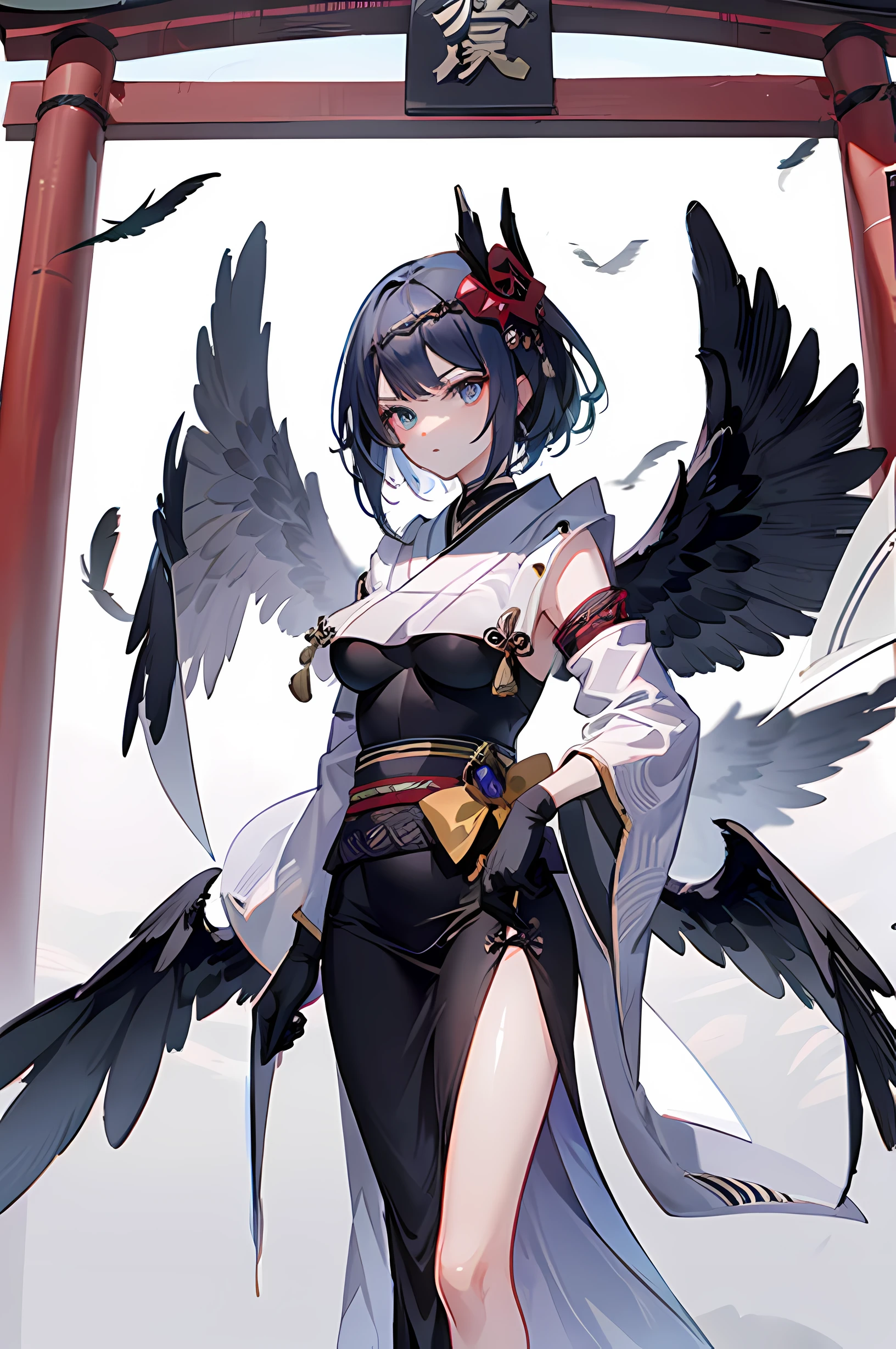 masterpiece, high quality, 1girl, kujousaradef, kujou sara genshin impact, outdoors, day, simple background, blue sky, short hair, sky, temple, looking at viewer, stairs, mountain, moody lighting, facing viewer, anime character with black wings, genshin impact character, genshin impact style, genshin, genshin impact, official character art, underboob, large breasts, thick thighs, big butt, big boobs, no panties, seductive pose,