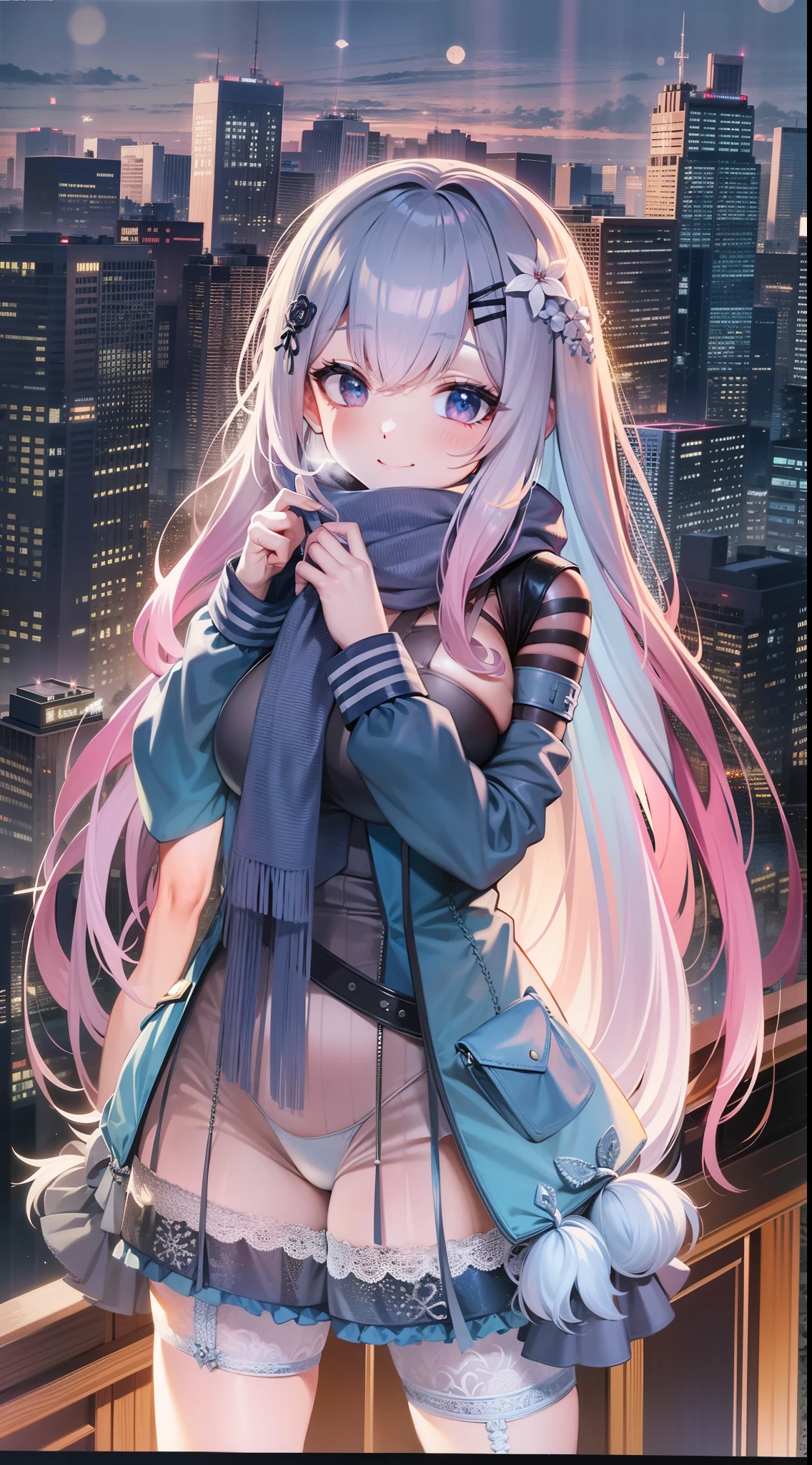 Masterpiece, Best quality, In winter,against backlight at dusk, Cityscape, Absurdly long hair, Gradient hair, multicolored hair, Colored inner hair, alternate hair color, Gradient_Eyes, view the viewer, Seductive smile, Huge breasts, Bare_bshoulders, Miniskirt, a garter belt, Frilled thighs, Hair_ribbon, Hair_flower, Scarf,