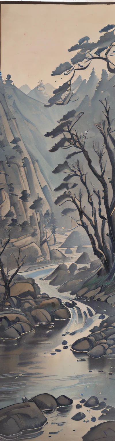 (picture quality is high+1.5)There is a river in the middle of the picture，Huge rocks all around，Above the rocks, In the center of the picture is a huge withered pine tree, Chinese landscape，Traditional Chinese watercolor，Traditional Chinese painting，China ink painting，peaceful scenery。"