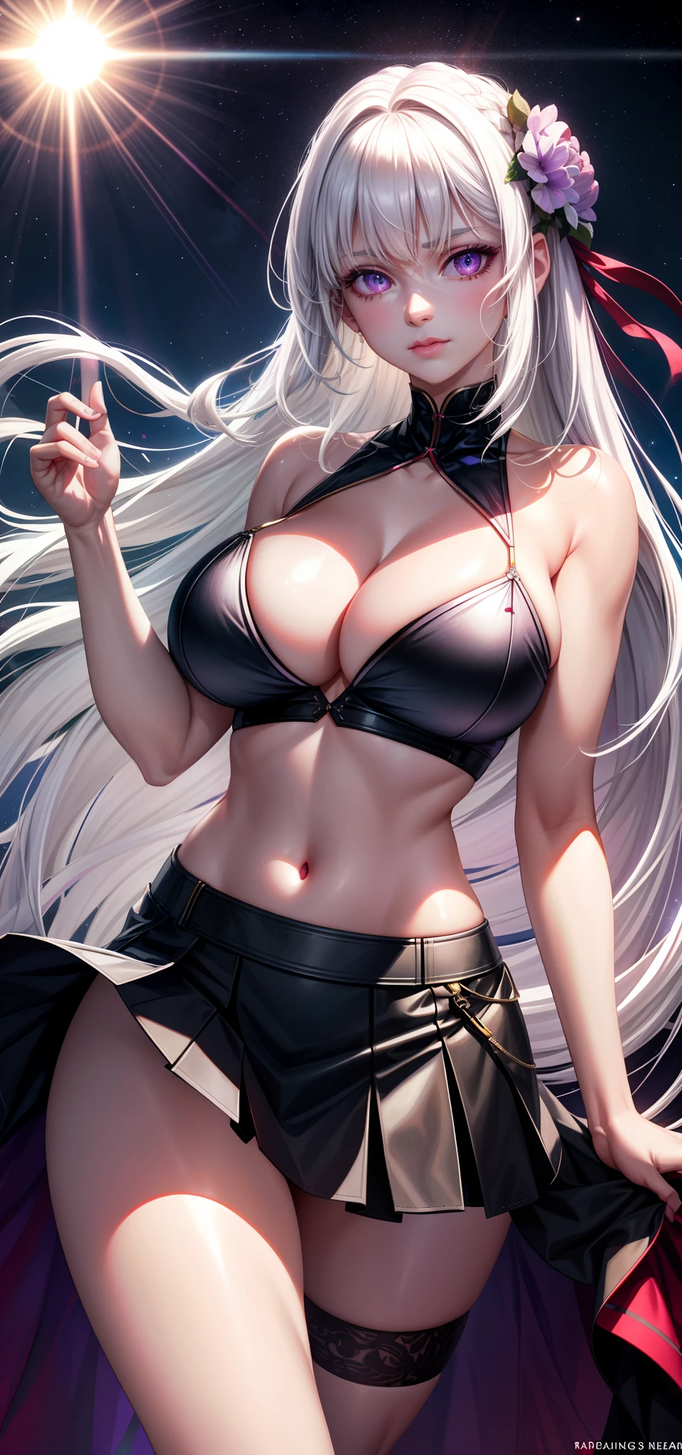 realisticlying,1girl,White hair,Purple eye,glowing light eyes,Cut the top,a skirt,parted lip,Be red in the face,the night,fresh flowers,suns,rays of sunshine,extremely large bosom,nakeness,Bare breasts,A MILF