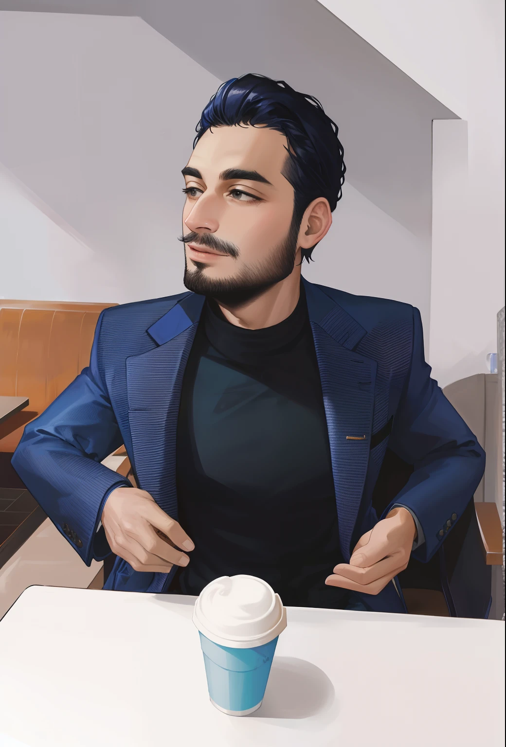 arafed man in a blue jacket sitting at a table with a cup of coffee, wearing a fancy jacket, standing in a restaurant, wearing a fancy black jacket, khyzyl saleem, wearing blue jacket, wearing a blue jacket, wearing jacket, wearing business suit, he is wearing a suit, handsome man, sayem reza, wearing a blazer