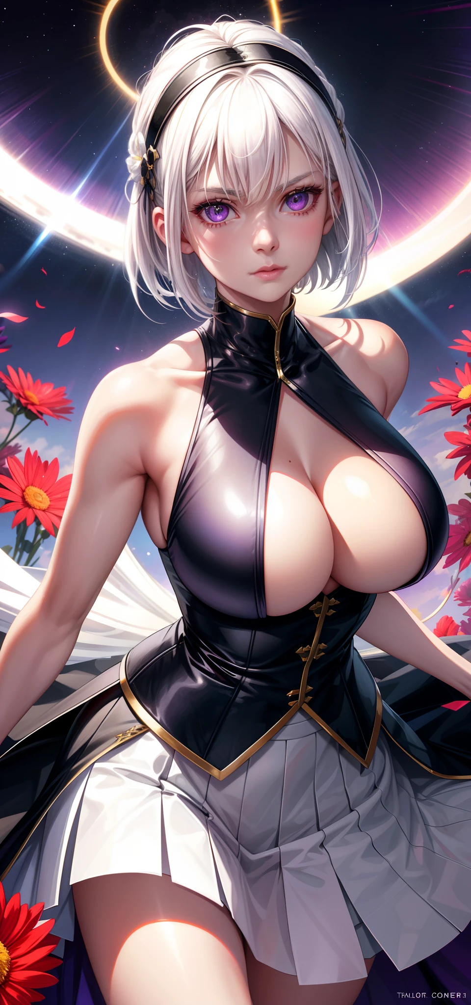 realisticlying,1girl,White hair,Purple eye,glowing light eyes,Cut the top,a skirt,parted lip,Be red in the face,the night,fresh flowers,suns,rays of sunshine,extremely large bosom,nakeness,Bare breasts,A MILF