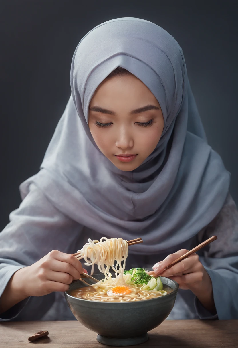 Create a whimsical advertisement where a Malay girl in hijab takes viewers on a magical ramen ride, traveling through a whimsical ramen wonderland filled with oversized ramen ingredients and whimsical creatures