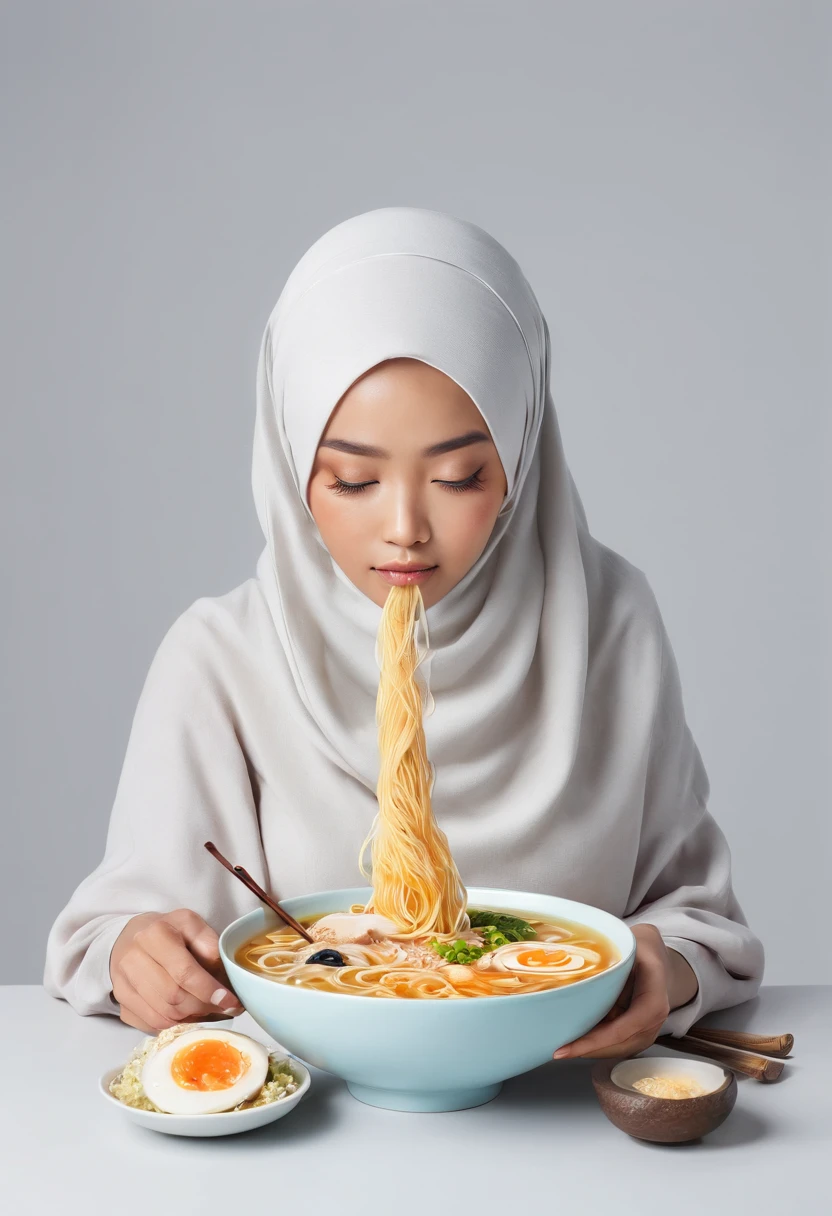 Create a whimsical advertisement where a Malay girl in hijab takes viewers on a magical ramen ride, traveling through a whimsical ramen wonderland filled with oversized ramen ingredients and whimsical creatures