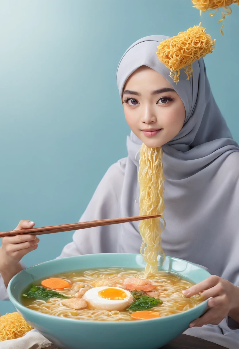 Create a whimsical advertisement where a Malay girl in hijab takes viewers on a magical ramen ride, traveling through a whimsical ramen wonderland filled with oversized ramen ingredients and whimsical creatures