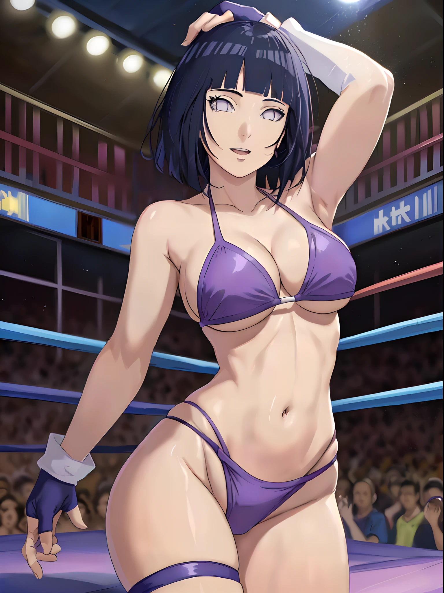 (WALLPAPER,  (hinata\(boruto\), (((1 girl, white string bikini, white fingerless gloves))), masterpiece, 4k, vector coloring, fully body view, (scene: sexy girl posing like a fighter, ( location: in wrestling ring with crowd watching)), (high color saturation), contrast lighting, mature female, (curvy:0.8), solo, anime style, sharp focus, professional artwork, intricate details, colorful, vibrant colors, vivid colors, digital blending, ultra detailed body, ultra detail hair, ultra detail face, trending on pixiv, very hot colors, ((())), detailed bold arm lines, high color saturation, bold lines, bold drawing lines), (head tilt), open mouth, happy),
((dark blue hair color:1.1), wavy hair, ((short hair, hime cut)),
(white skin, (fair skin), slender body, milf, perfect face),
(legs, big breasts, off-shoulders, (detailed shoulders, detailed arm lines)), 
(bare shoulders, bare legs),