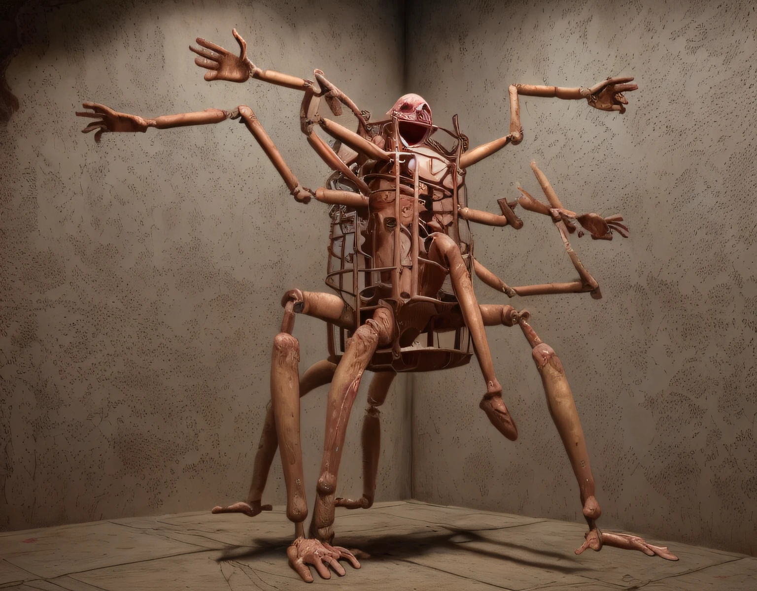 doll in a cage with arms stretched and extended and legs spread, Mechanical spider legs, criatura de Silent Hill, criatura semelhante a esqueleto, esqueleto - como criatura, gigante imponente feito de zumbis, conceito de criatura realista, pernas de aranha grandes, assustadora criatura de carne mutante, humanoide detalhado