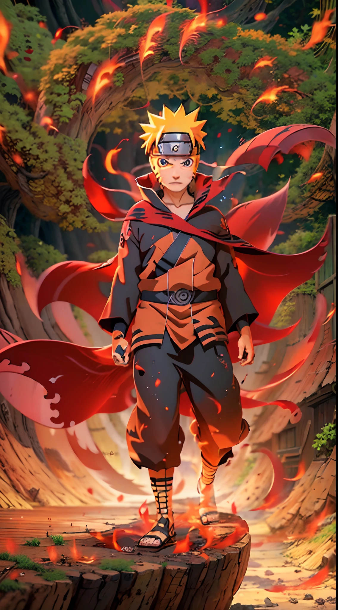 Uzumaki Naruto Shippuden, cinematic art,best quality, nine tale fox sprite in the background, beautiful red cinematic light effects, masterpiece collection award winning artwork, official art, hidden leaf village, courage, full body with dynamic poses, Japanese anime, anime cinematic effects