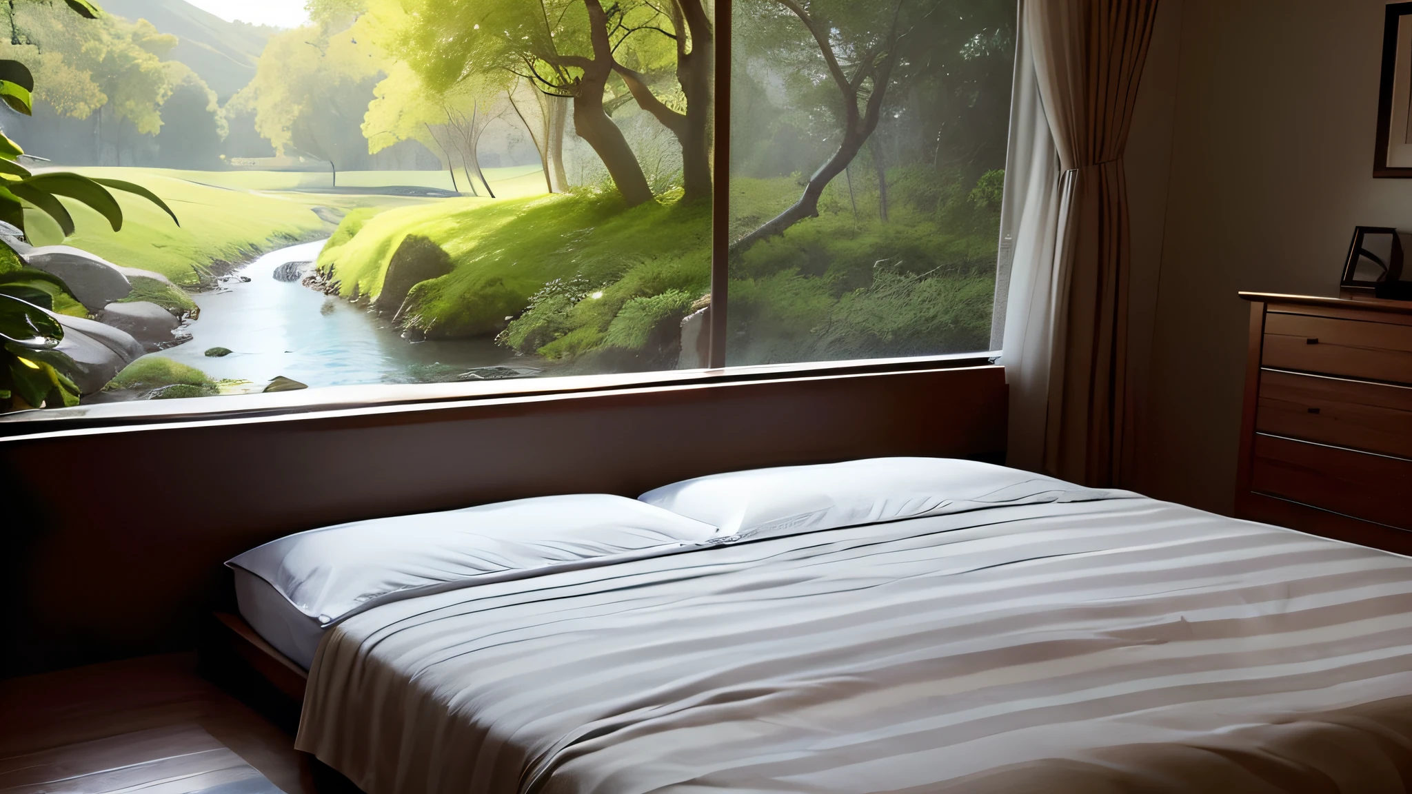 Una cama convencional fuera de contexto junto a un arroyo, rodeada de naturaleza serena, inspiring relaxation, con una persona acostada en esa cama.

[1] Cama convencional junto al arroyo
[2] A cozy bed with spotless white linens, fluffy pillows and a warm duvet, ubicada de manera inesperada al lado de un arroyo sereno. The bed is surrounded by lush greenery and colorful wildflowers, creando un contraste visual encantador.
[3] The setting is a quiet and idyllic place by the creek, with the soft sunlight filtering through the trees, proyectando sombras ondulantes en la cama. The air is impregnated with the refreshing aroma of nature, and the sound of flowing water creates a relaxing atmosphere.
[4] The atmosphere conveys a sense of tranquility and serenity, invitando a la persona a relajarse y escapar del bullicio diario. The atmosphere is calm and peaceful, providing a perfect haven for relaxation and rest.
[5] Captured with a high-resolution camera, la imagen se presenta con una calidad hiperrealista, cada detalle meticulosamente retratado. Used a camera setup that allows the bed to be highlighted, as a selective focus and proper exposure setting to capture both the details of the bed and the surrounding environment.
[6] Artistas en contraste: René Magritte and David Hockney