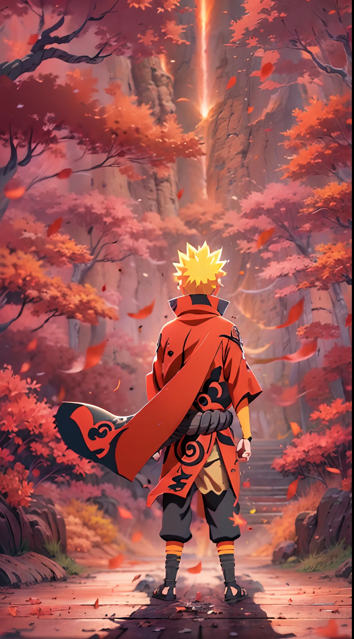 Uzumaki Naruto Shippuden, cinematic art,best quality, nine tale fox sprite in the background, beautiful red cinematic light effects, masterpiece collection award winning artwork, official art, hidden leaf village, courage, full body with dynamic poses, Japanese anime, anime cinematic effects