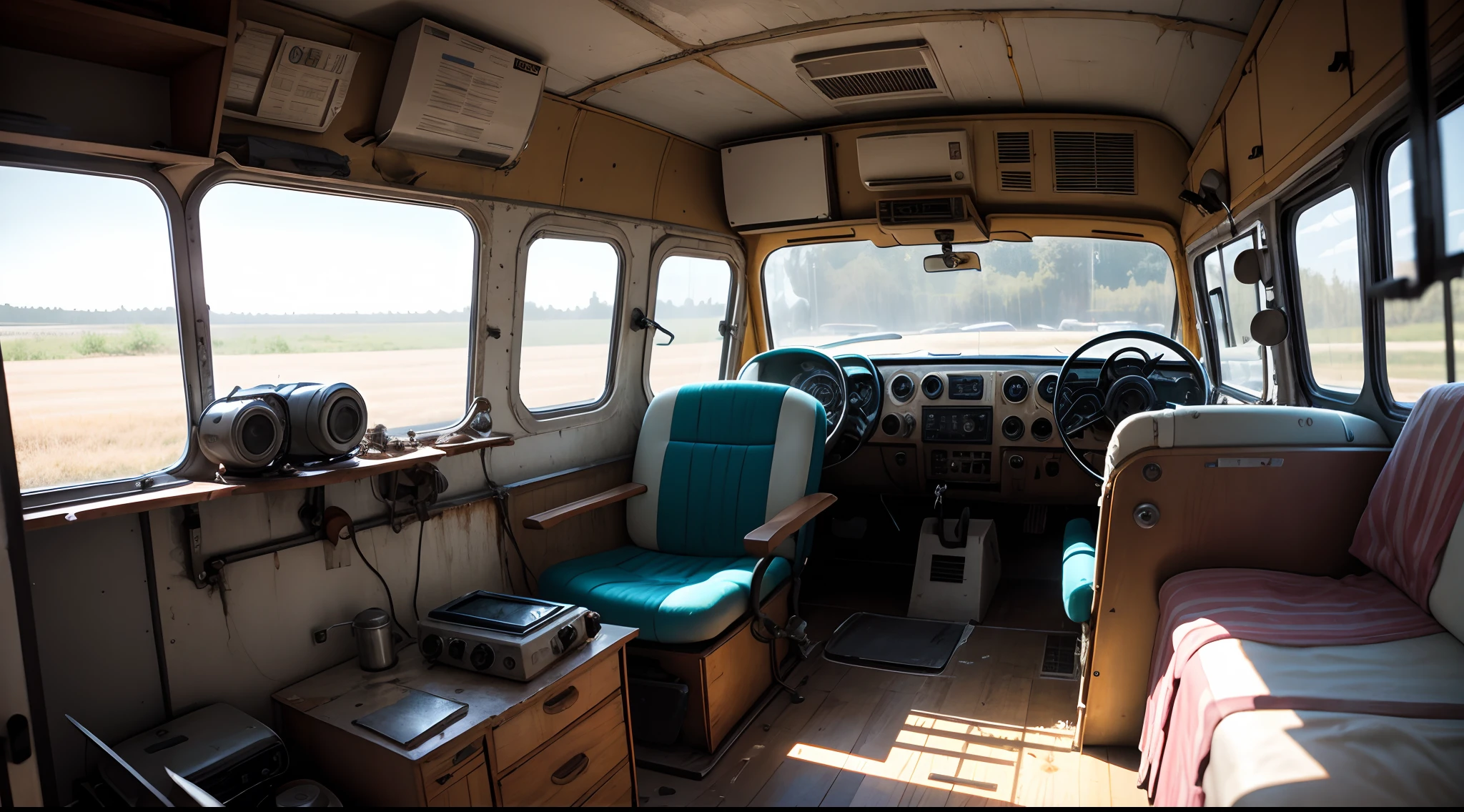 interior, interior of an old van, destroyed, mad scientist equipment, science equipment