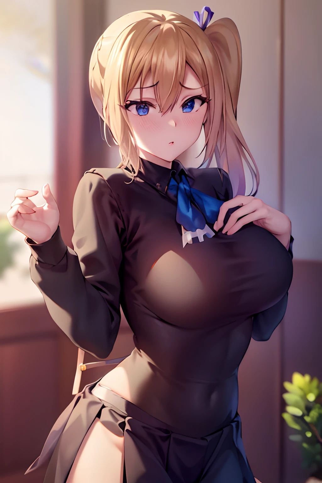 masterpiece, (top-quality), 1womanl,1girl in,1 boy,,kawakami_mai, blonde hair, length hair, side poneyTail, a purple eye, Sweater Vest, 校服, skirt by the, large full breasts,bow ribbon, Hair ribbon, Mole under the eyes,Female , embarrassed from,red blush, vivd colour,,natural soft light,RTX, , Beautiful fece, (详细的脸:1.2), showcase, (perfect eyes:1.1) ,(Photorealsitic:1.1), 8K UHD, Look at viewers, outside of house, simple background、huge tit(Breast Abundance)、Chest and buttocks、facing back、Stick out your buttocks、sexual pose、Hands on the wall、Buttocks that seem to protrude from the skirt