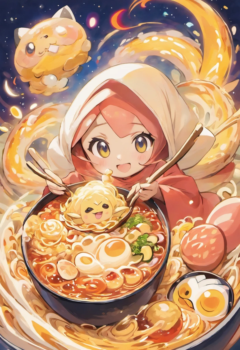 Create a whimsical advertisement where a Malay girl in hijab takes viewers on a magical ramen ride, traveling through a whimsical ramen wonderland filled with oversized ramen ingredients and whimsical creatures