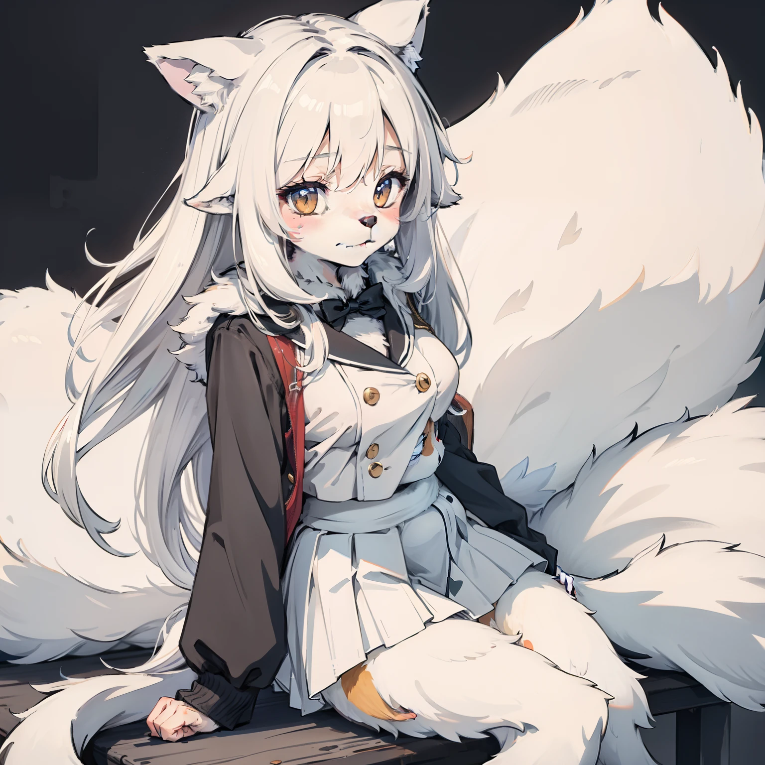 1girll, White fur, Wolf Girl, Medium breasts, school uniform, Portrait, Simple background, (Furry:1.5)
