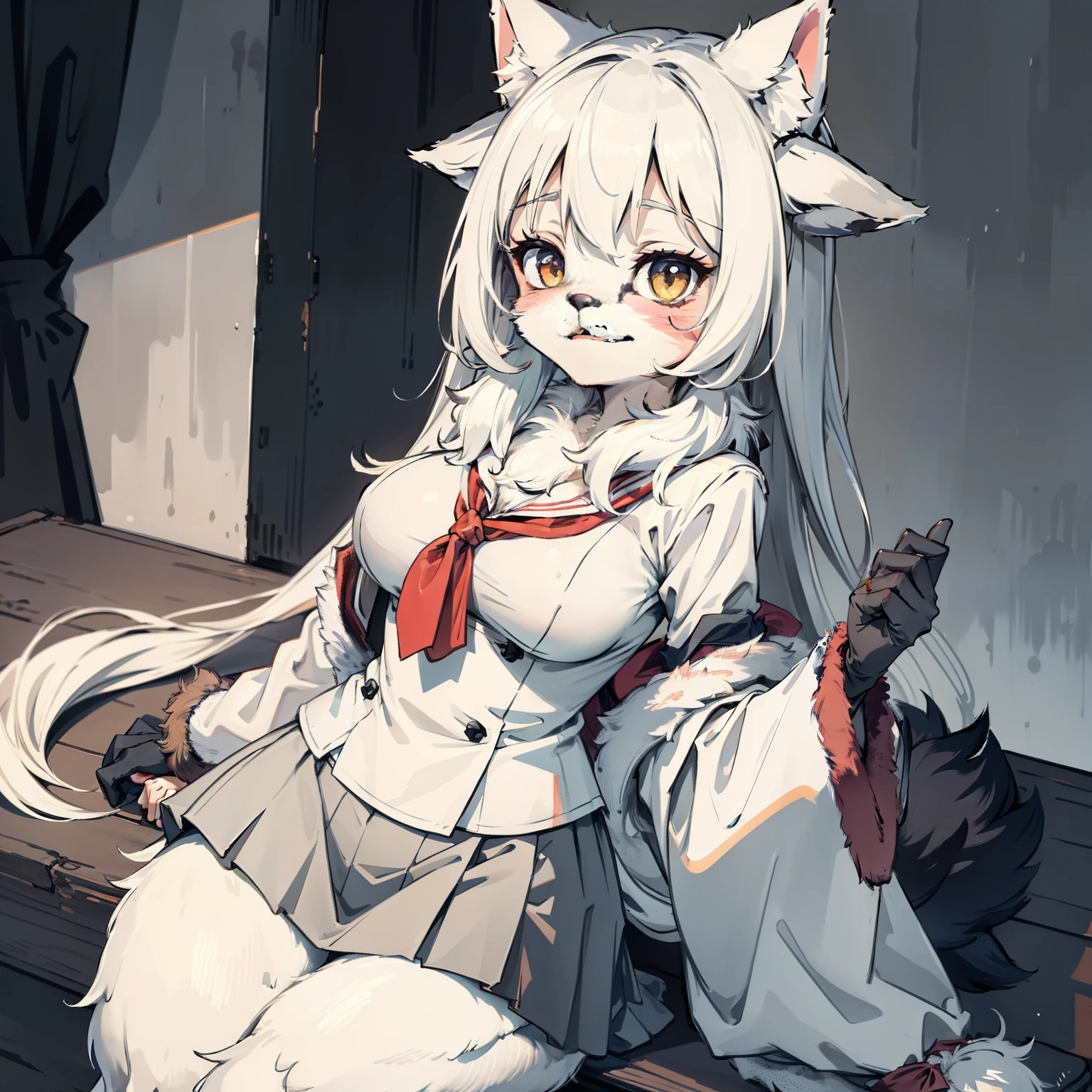 fox tails,huge tit,Student uniform,exposing her chest,female high-school student,The whole body is tied with ropes,The chest is tied,Pee,school uniform,hyper HD,Highest high resolution,Kneeling,high-heels,White hair,Stick out her tongue,Wear black stockings,the elf,a ball head
