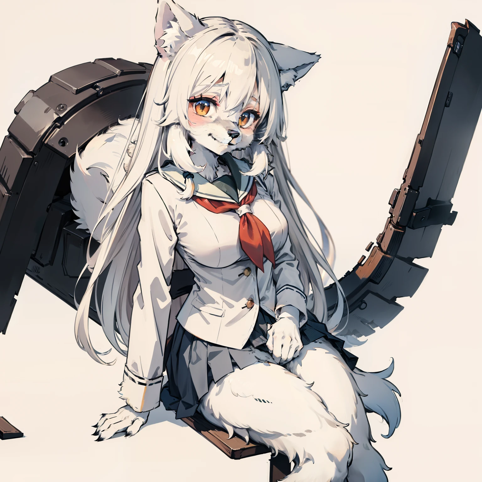 1girll, White fur, Wolf Girl, Medium breasts, school uniform, Portrait, Simple background, (Furry:1.5)