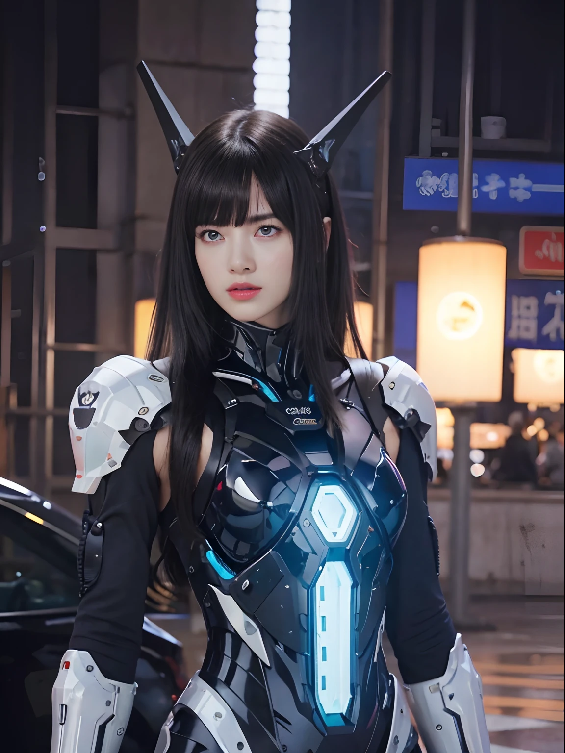 （Fight against mechanical robot soldiers）、top-quality、​masterpiece、超A high resolution、(sexypose),（Wearing a futuristic sun visor）、(Photorealsitic:1.4)、Raw photo、女の子1人、Black hair、glowy skin、((1 Mechanical Girl))、((super realistic details))、portlate、（Small LED lamp）、Wire tubes that glow all over the body、globalillumination、Shadow、octan render、8K、Armpit、ultrasharp、Colossal tits、Small LED lamp、Raw skin is exposed in cleavage、metals、blood vessels connected to tubes、With weapons、Red bodysuit、Armpit、Cyberpunk city background、Details of complex ornaments、Japan details、highly intricate detail、Realistic light、CGSoation Trends、Blue eyes、radiant eyes、Facing the camera、neon details、（Helmet of the Brave）、Mechanical limbs、blood vessels connected to tubes、Mechanical vertebrae attached to the back、mechanical cervical attaching to neck、Wires and cables connecting to the head、Gundam、Small LED lamp、Toostock、Toostock、