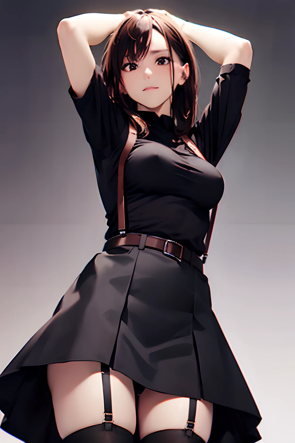 Black skirt, 　suspenders, Brown hair Gray eyes, Garter belt on the legs, Tight black clothes, 　　 a belt　Armpit sweat　　Dark look　Moderately breasts　holster　 Forehead Center