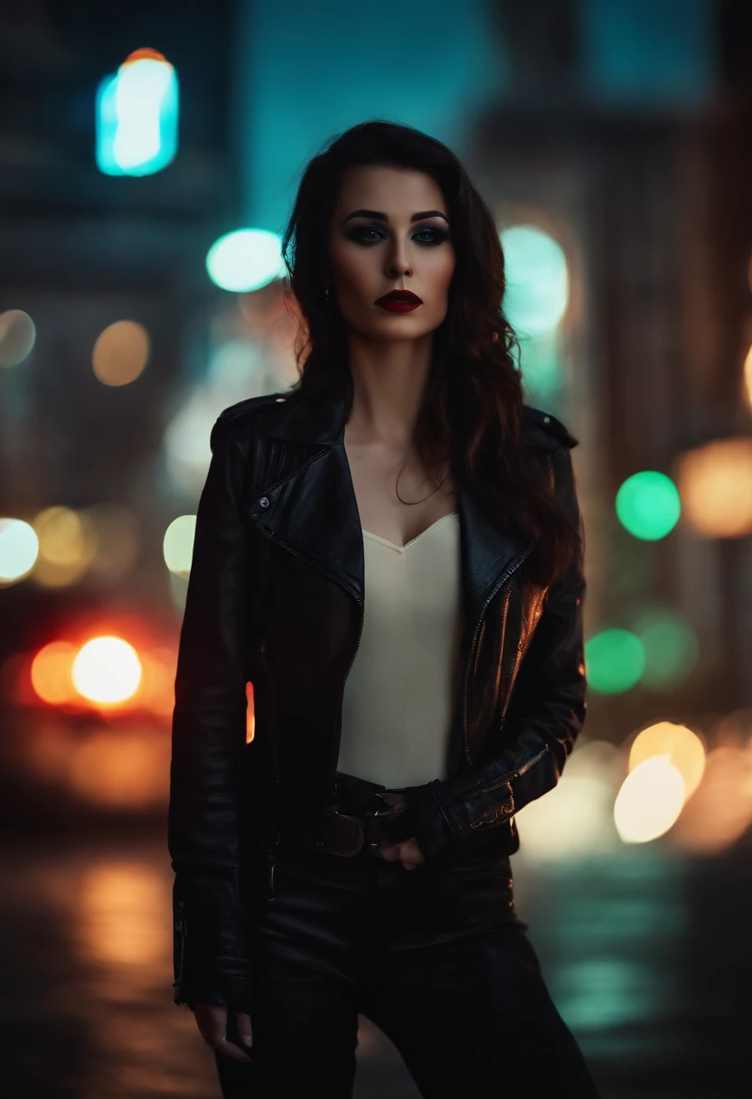 snuff dark killer in the style of cyberpunk noir photograph moody PERFECT LIPS Bokeh city in the background looking like Dark City the movie Neuromancer Los Angeles Cyberpunk end of the world nukes going on the background bokeh taken like a realistic photogr