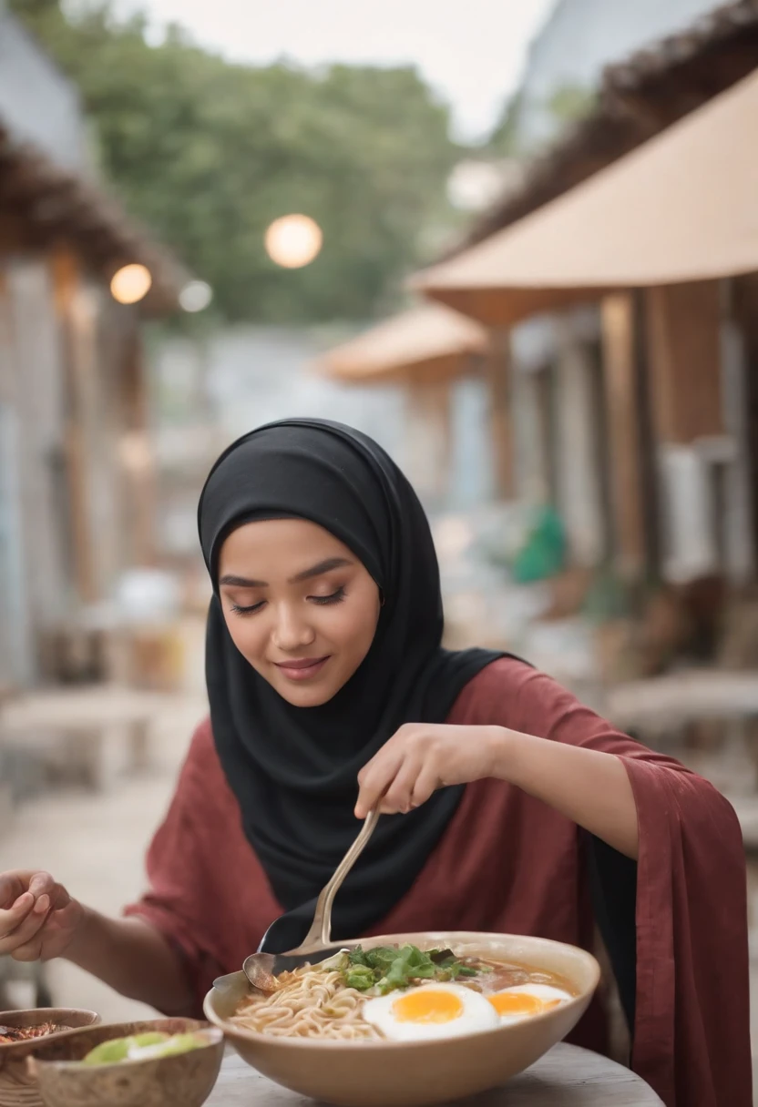 Design an advertisement that transforms a Malay girl in hijab into a ramen superhero, complete with a ramen-themed cape and utensils, as she swoops in to save the day by satisfying everyone's cravings for delicious ramen.