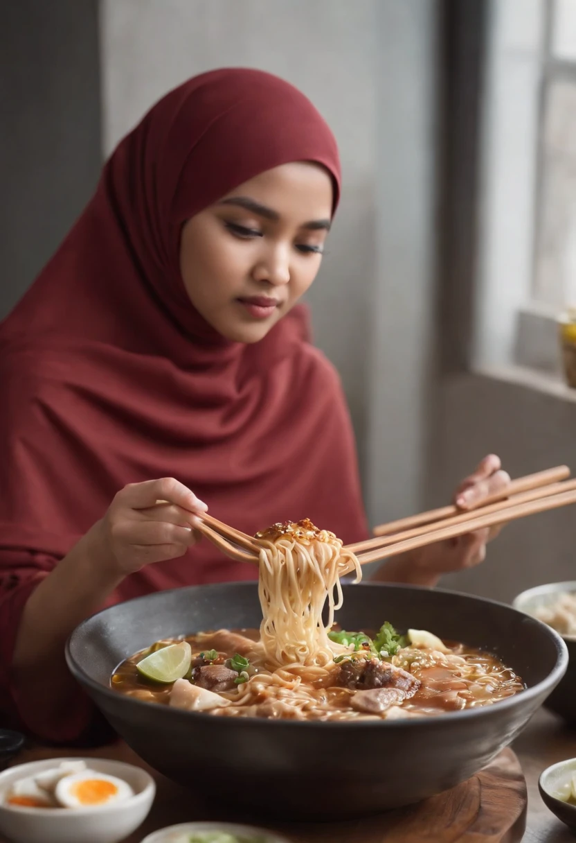 Design an advertisement that transforms a Malay girl in hijab into a ramen superhero, complete with a ramen-themed cape and utensils, as she swoops in to save the day by satisfying everyone's cravings for delicious ramen.