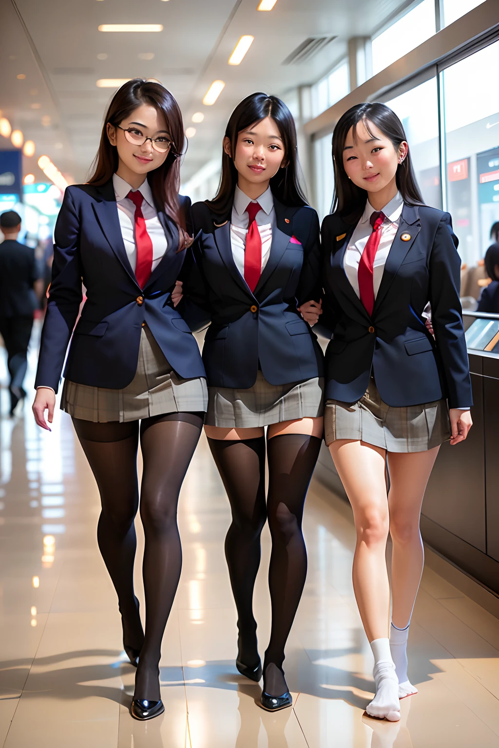 show entire body, feet in view, 3 gorgeous 18.y.o. asian females, wearing American school uniforms, pantyhose, no shoes, walking in mall, smiling,