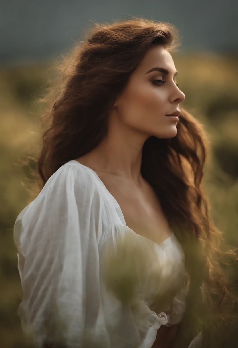 photo-realism, woman, 35 years old, sitting on a white blanket, wearing a light summer dress, ((the dress accentuates the prominence of the breasts 1.4)), one pendant chain around the neck, small earrings, a meadow, meadow flowers, a reddish sky, a sunset, light brown hair, light hair, fair hair, blond hair, smooth hair, hair down to the nape of the neck, looking at the camera, 8 k