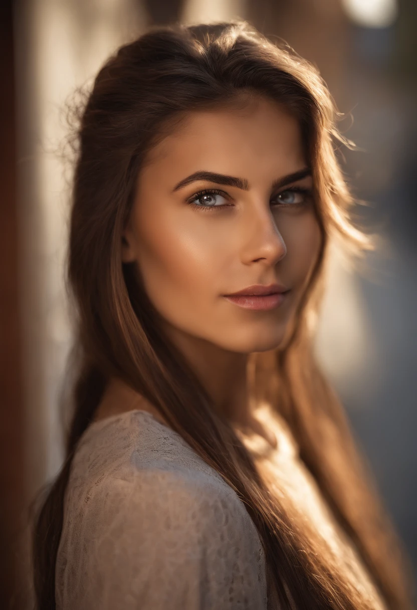 Fotografia natural de uma , usando um crop top solto, leaning over, longos cabelos castanhos claros lisos, Close your eyes on camera, symmetric eyes, symmetrical face, fotorrealista, fotografia, Rastreamento de caminho, specular illumination, volumetric facial light, path traced hair, visible shadows, intrincado, elaborar, fundo da arte da rua