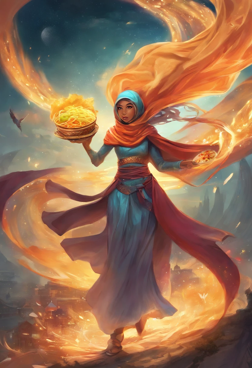 Design an advertisement that transforms a Malay girl in hijab into a ramen superhero, complete with a ramen-themed cape and utensils, as she swoops in to save the day by satisfying everyone's cravings for delicious ramen.