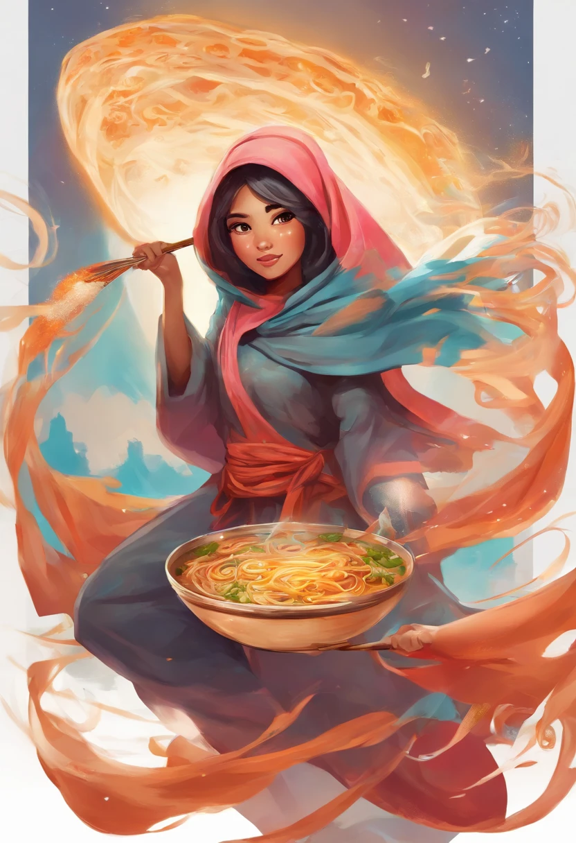 Design an advertisement that transforms a Malay girl in hijab into a ramen superhero, complete with a ramen-themed cape and utensils, as she swoops in to save the day by satisfying everyone's cravings for delicious ramen.