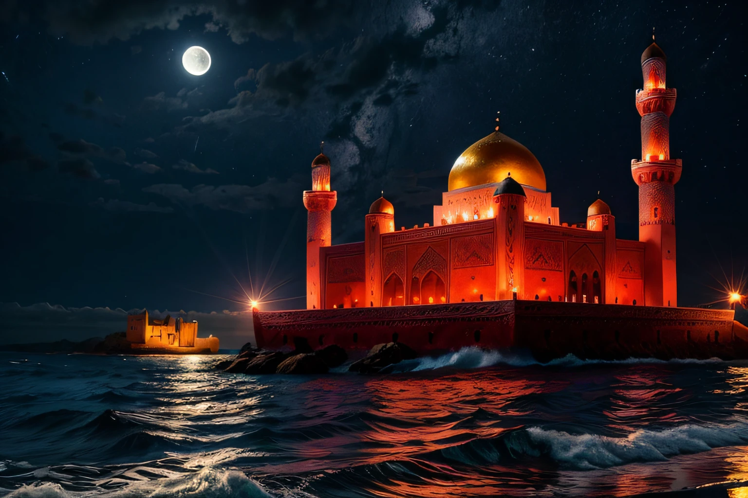 dreamlike moroccan mosque legendary hyper realistic architecture super detailed legendary castle. Moon behind bright red on the waves of the sea superb view environment