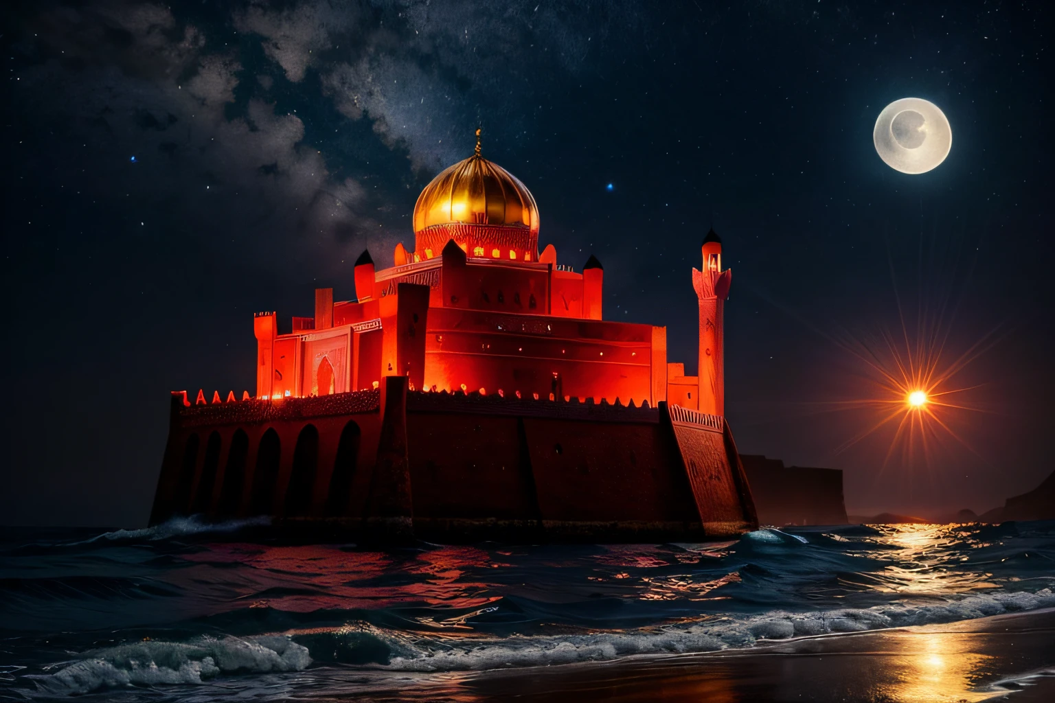 dreamlike moroccan mosque legendary hyper realistic architecture super detailed legendary castle. Moon behind bright red on the waves of the sea superb view environment