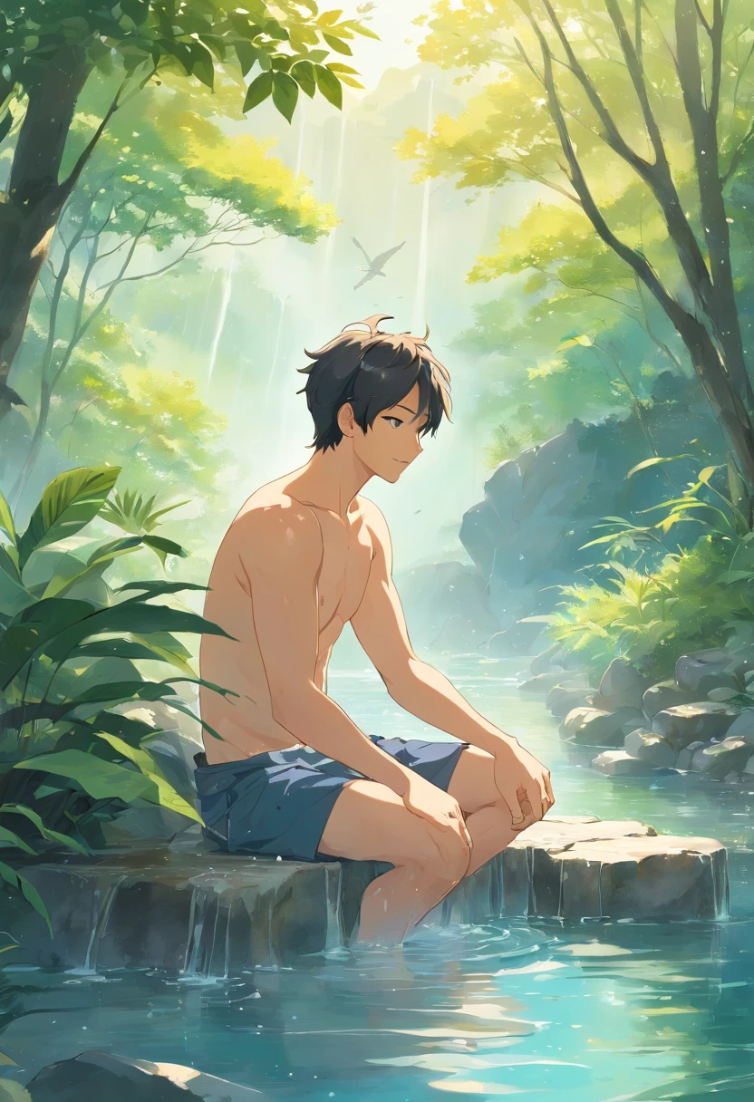 (1man), solo, beautiful detailed eyes, {{{masterpiece}}}, {{{best quality}}}, {{ultra-detailed}}, {illustration}, cinematic angle, {beautiful detailed eyes}, {detailed light},cinematic lighting. A man immersed in a natural hot spring, surrounded by a picturesque outdoor setting. The man is seated in the soothing warm waters, his head tilted back, and his eyes closed in blissful tranquility. Steam rises from the surface, mingling with the mist that hovers over the surrounding mountains. Towering trees encircle the hot spring, providing a sense of privacy and seclusion. Soft sunlight filters through the foliage, casting dappled patterns on the water's surface. The sounds of chirping birds and rustling leaves add to the serene ambiance. The man's bare skin glistens with droplets of water, and a contented smile graces his face. The scene evokes a sense of natural beauty and rejuvenation, offering a moment of peaceful escape. Painting, using watercolors on textured paper, capturing the vibrant colors of nature and conveying the tranquility of the hot spring.
