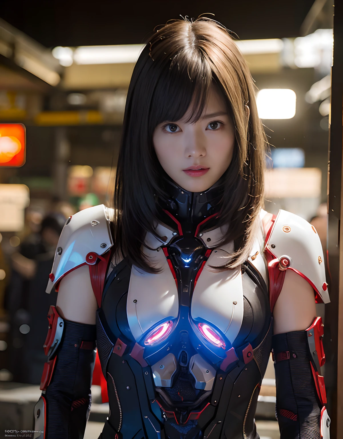 (1 Mechanical Girl)、top-quality、masterpiece、超A high resolution、(Photorealsitic:1.4)、Raw photo、女の子1人、Golden hair、glowy skin、(((1 Mechanical Girl)))、(LED Lamp Mechanical Helmet)、(Small LED)、((super realistic details))、portlate、globalillumination、Shadow、octan render、8K、ultrasharp、Colossal tits、Raw skin is exposed in cleavage、metals、Details of complex ornaments、Japan details、highly intricate detail、Realistic light、CGSoation Trends、Red Eyes、radiant eyes、Facing the camera、neon details、(Mechanical limbs)、(blood vessels connected to tubes)、Mechanical vertebrae attached to the back、mechanical cervical attaching to neck、(Wires and cables connecting to the head)、Gundam、Small LED、,Mechanical thighs、Toostock、