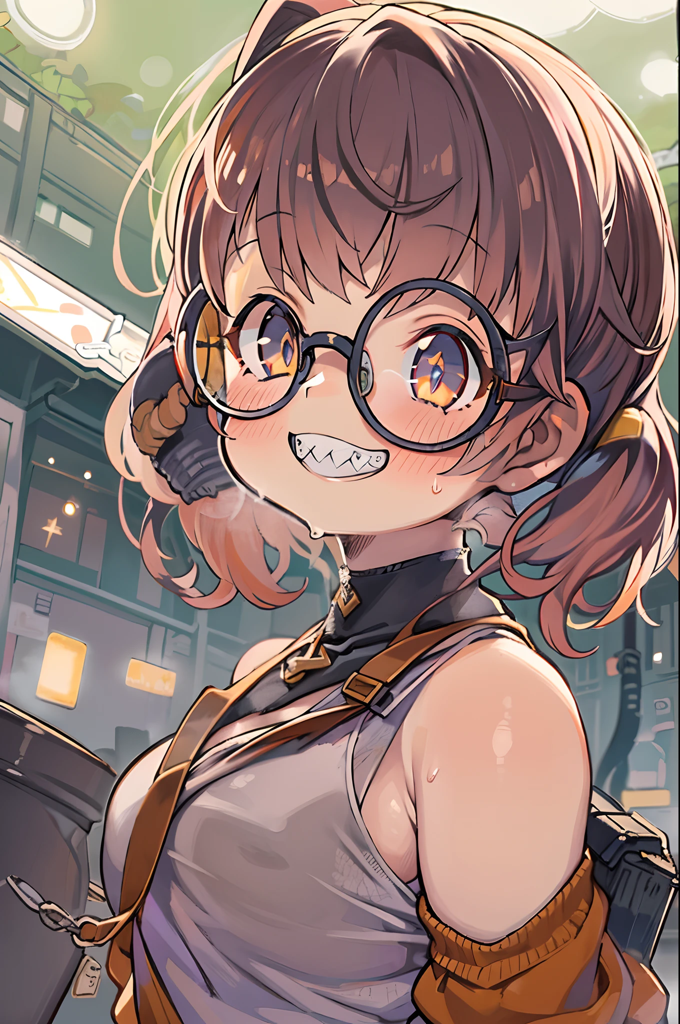 masutepiece, Best Quality, 1girl in, Sharp eyes, Smile,rocket launcher、big round glasses,Camisole、(Jagged teeth)