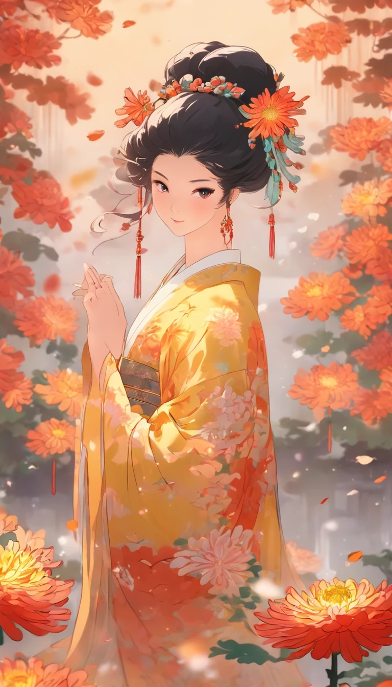 China-style,Chinese ink style,water ink,Smudge,chrysanthemums,Hanfu beauty standing in chrysanthemums,中景 the scene is,Full body like, highly detailed surreal vfx,China ink painting,oc rendered, - AR 16:9 --q 2 --s 1000