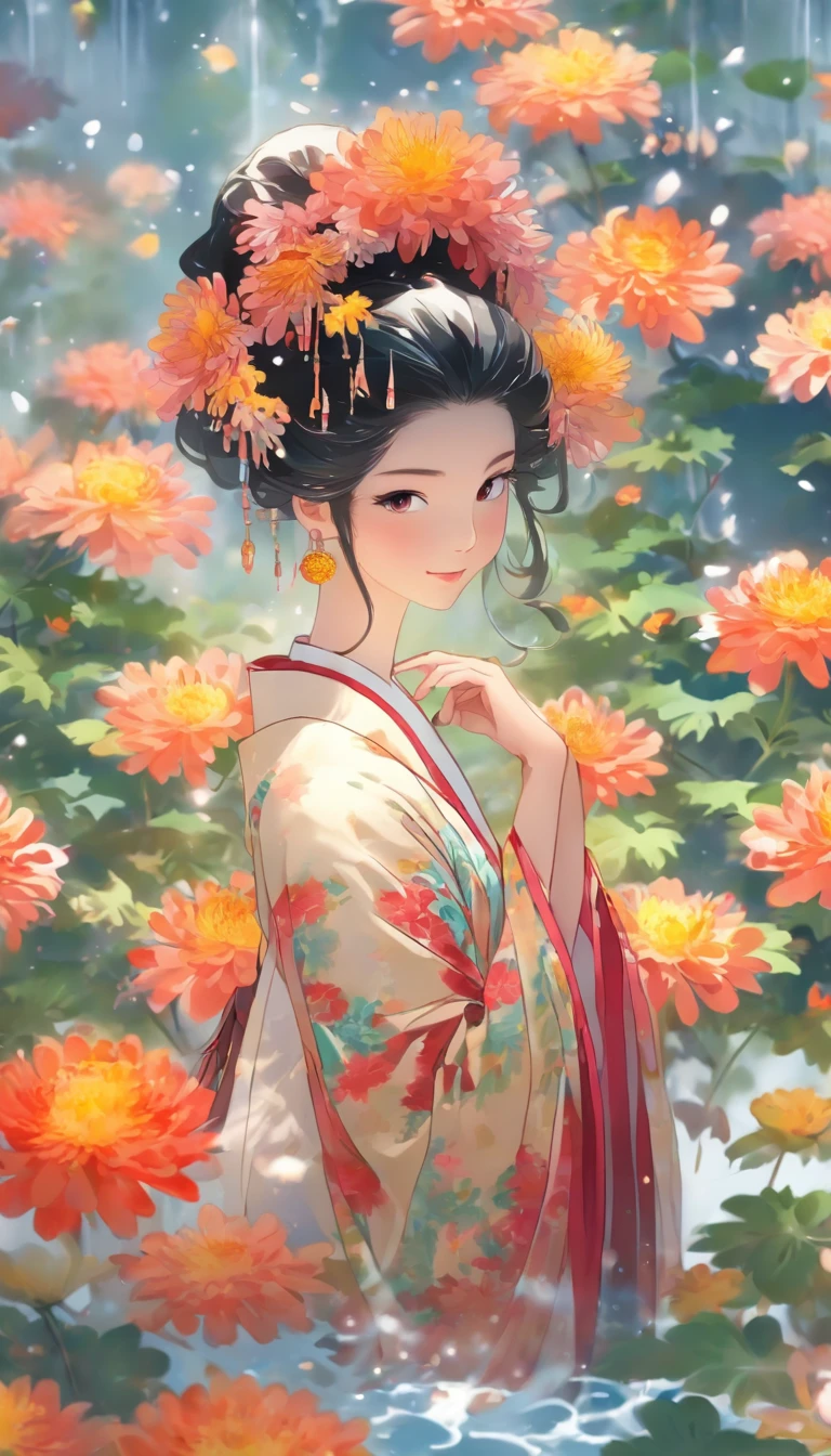China-style,Chinese ink style,water ink,Smudge,chrysanthemums,Hanfu beauty standing in chrysanthemums,中景 the scene is,Full body like, highly detailed surreal vfx,China ink painting,oc rendered, - AR 16:9 --q 2 --s 1000
