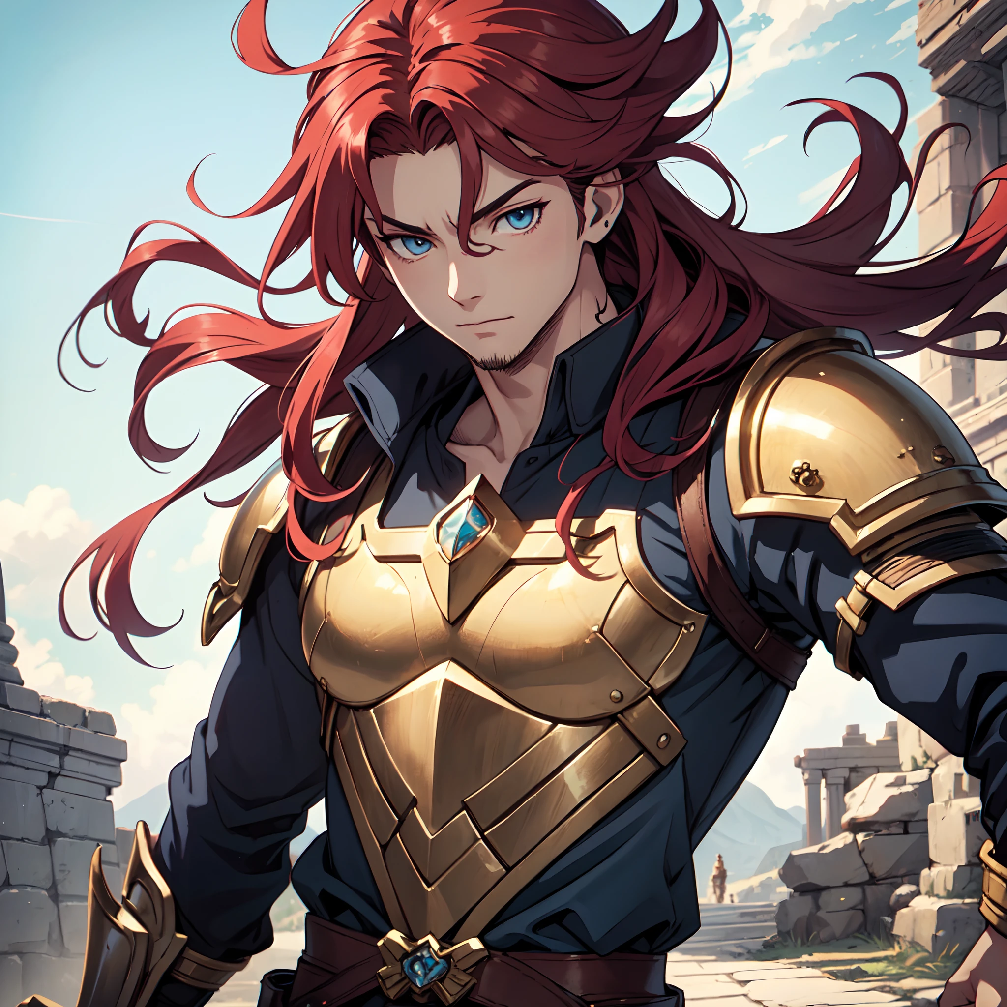Ultra High Definition, Ultra High Quality, Extremely Detailed, Perfectly Detailed, Masterpiece, 8k, 1 Boy, Look A Like Xin From Kingdom Anime, Handsome, Equipped With Paladin Armor, Solid Light Blue Eyes, Long Red Hair, Body Shot, Ancient Kingdom Background