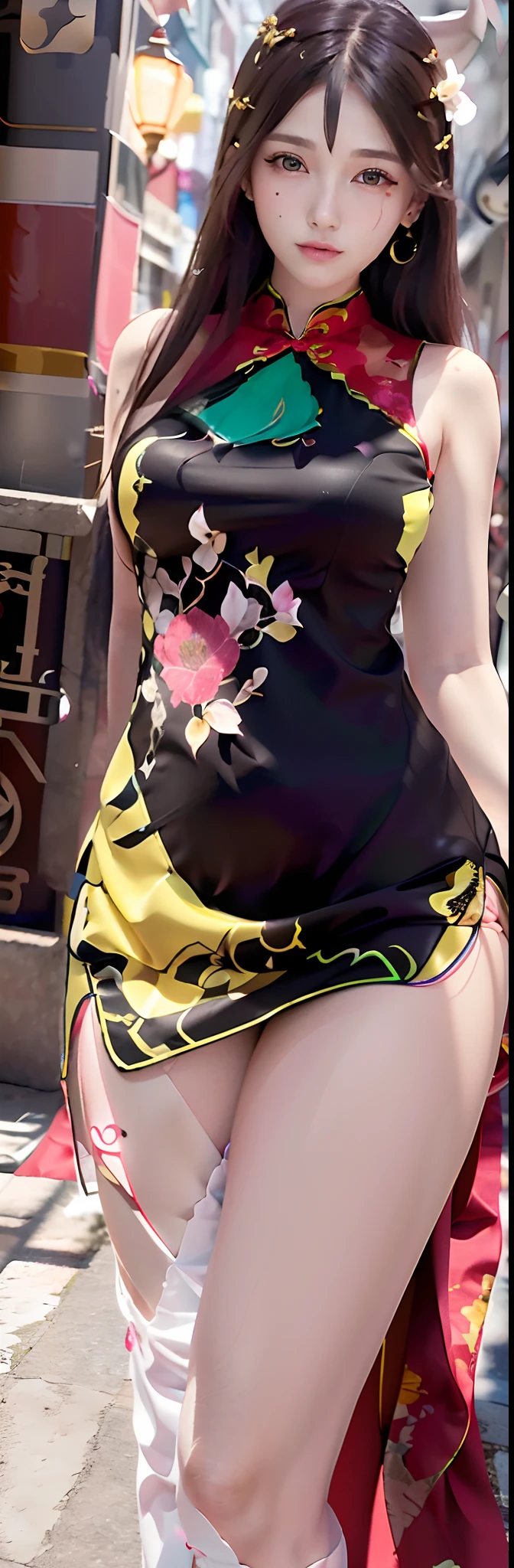 (Best quality,Ultra-detailed,Realistic:1.37),3D anime style green haired girl,Shiny hair,A girl with a delicate face and long eyelashes,Bright red eyes reflect light,Plump lips,Colored crystal pendant,Black cheongsam，white trim,Peony pattern clothing,Clear black border thigh stockings