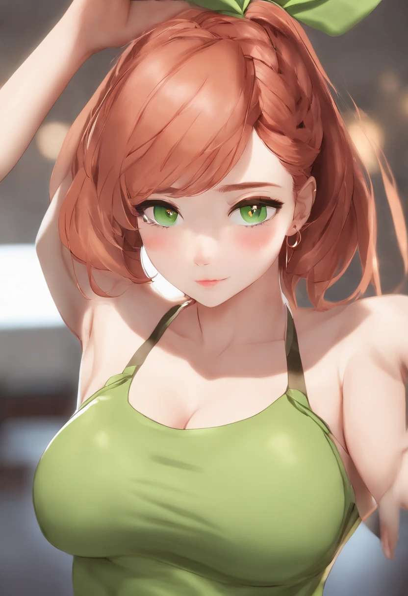 Original Character, Volumetric Lighting, Best Shadows, Shallow Depth of Field, Portrait Of Stunningly Beautiful Girl, Delicate Beautiful Attractive Face With Alluring Green Eyes, Makeup, , Broadly Smiling, Open Mouth, Fangs Out, Lovely Medium Breasts, Layered Long Twintail Red Hair, Blush Eyeshadow, Thick Eyelashes, , Mini gym Top, Open Navel, Slim Waist, mini gym shorts, , In The gym, Standing, stretching, (Highest Quality, Amazing Details:1.25), (Solo:1.3), Brilliant Colorful Paintings