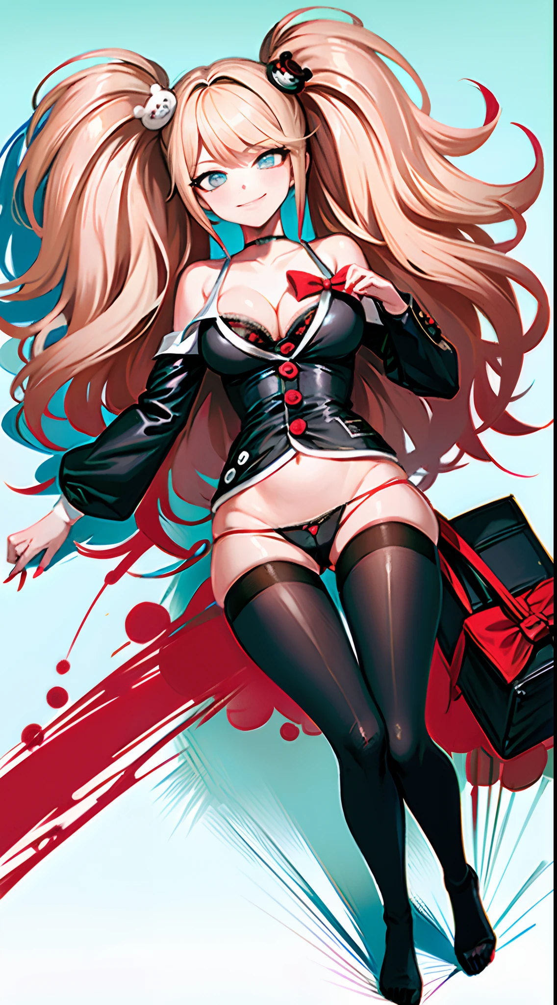 Junko Enoshima, A blonde long-haired, 1girll, double tails, 独奏, nedium breasts, eBlue eyes,, 鎖骨,big cleavage breasts, By bangs, Be red in the face, pervert smirk, looking at viewert, The upper part of the body, bear hair ornament, nail polish, rednails, red bow, underdressing, choker necklace, Black bra,Lying in bed,Postural seduction,Looks sexy,With astringency,full body shot shot,Milk liquid,Astringent theme