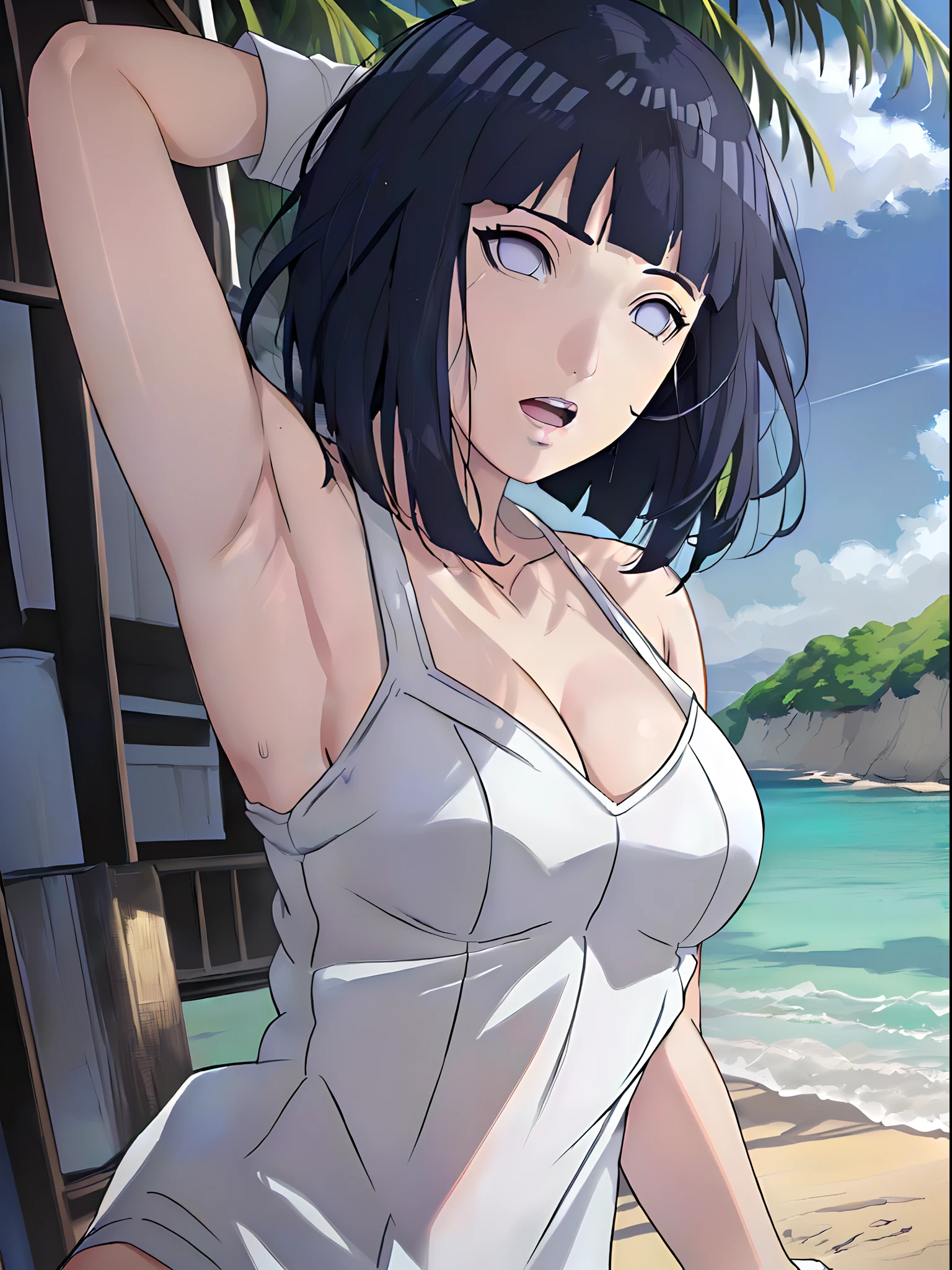 (WALLPAPER,  (hinata\(boruto\), masterpiece, 4k, vector coloring, whole body shot, contrast lighting, mature female, (curvy:0.8), solo, anime style, sharp focus, professional artwork, intricate details, detailed beach background, colorful, vibrant colors, vivid colors, digital blending, ultra detailed body, ultra detail hair, ultra detail face, trending on pixiv, very hot colors, sunny day, outdoor, detailed bold arm lines, high color saturation, bold lines, bold drawing lines),
(standing, open mouth, kind smile, extremely happy, goodbye, sexy pose),
((dark blue hair color:1.1), wavy hair, ((short hair, hime cut)),
(perfect eyes, white sciera, bright eyes, white eyes, anime eyes, smoky eyeliner, eyeshadow)
(white skin, slender body, milf, navel, groin, flat belly, perfect face, perfect thighs),
(Thighs, legs, big breasts, perky boobs, off-shoulders, (groin, detailed shoulders), 
(almost naked, only white clothes, bare chest, bare shoulders, bare hands, bare legs), 
(all cloth is white, white dress, wedding veil, white flower wedding tiara, gold necklace)